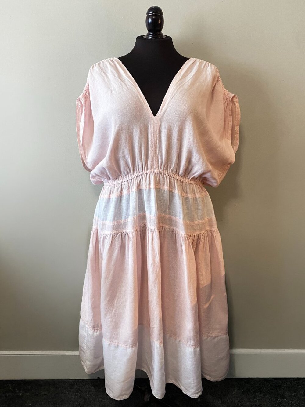 Handmade Plus Size Linen Sheer Light Pink White Dress